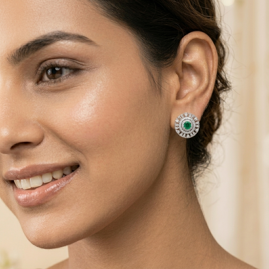 Green Round Halo Stone-Set Stud Earrings, additional product view 5
