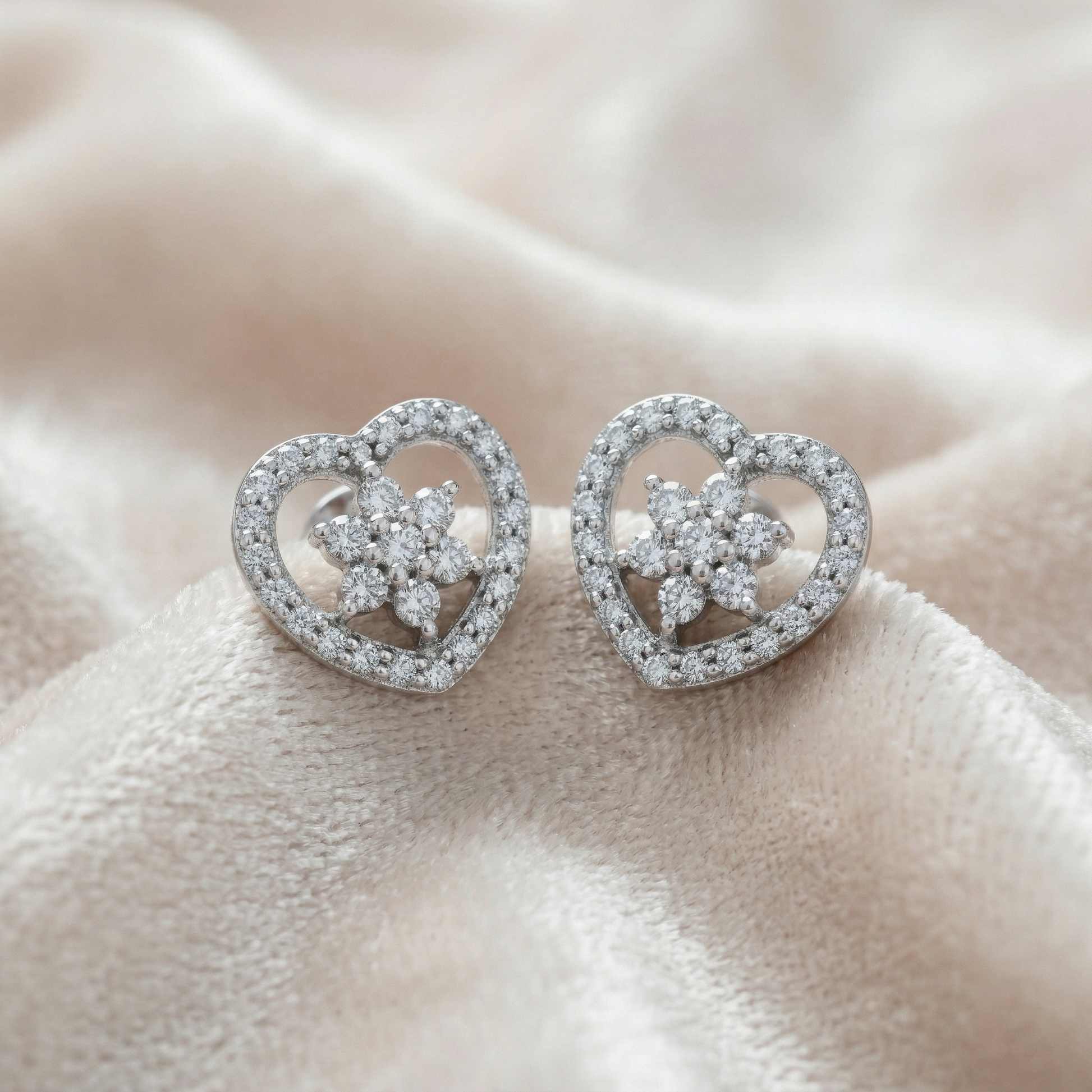 Heart-Shaped PavÃ© Flower Stone-Set Stud Earrings, alternate angle