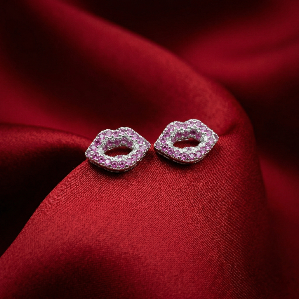 Silvme Pure 925 Silver Lip Kiss CZ Pavé Stud Earrings - Bold Fashion Studs for Women