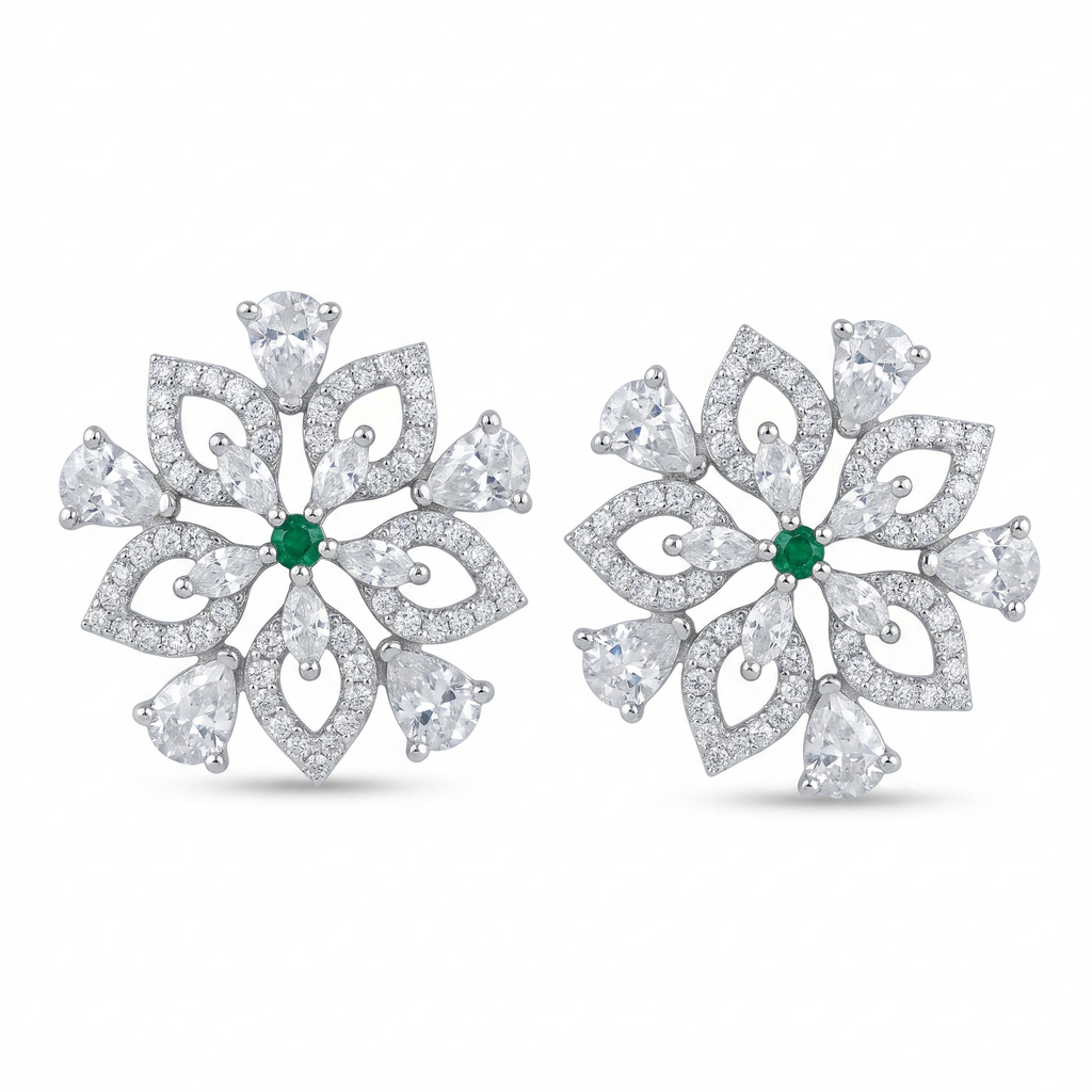 Silvme Pure 925 Sterling Silver Snowflake CZ Emerald Green Stud Earrings for Women & Girls