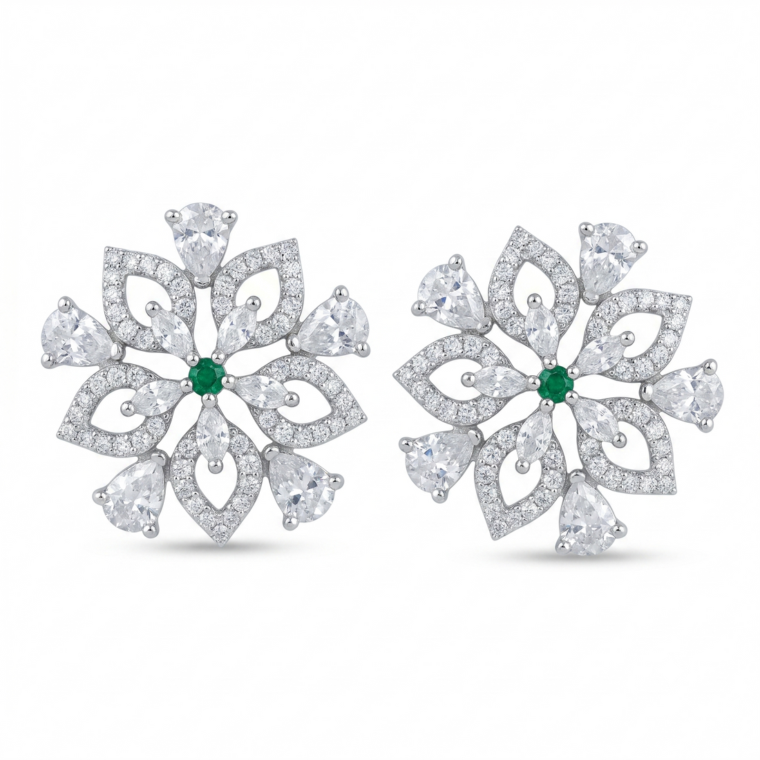 Silvme Snowflake CZ Emerald Green Stud Earrings in 925 sterling silver set with cubic zirconia, jewellery for women
