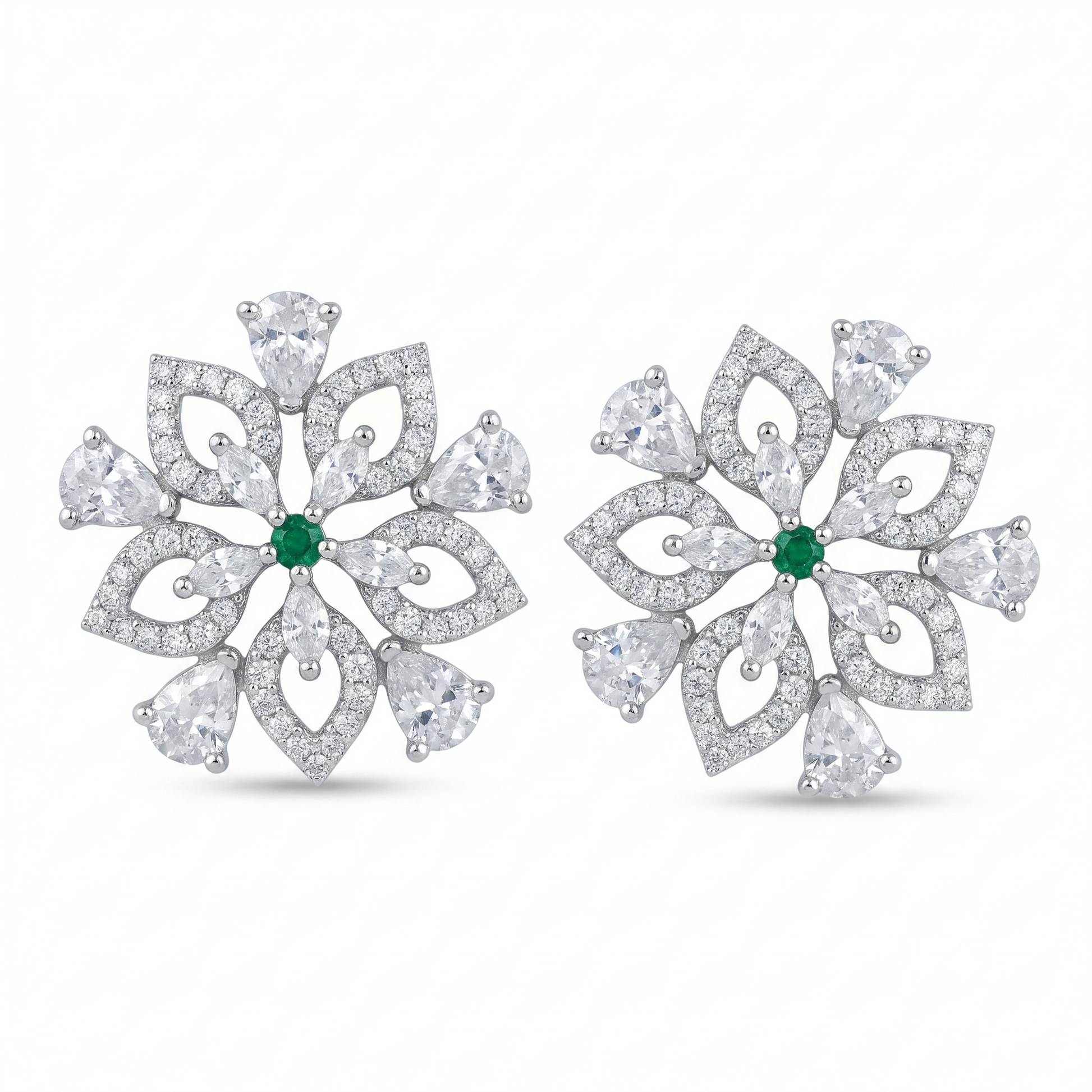 Snowflake Green Stone-Set Stud Earrings, front product view