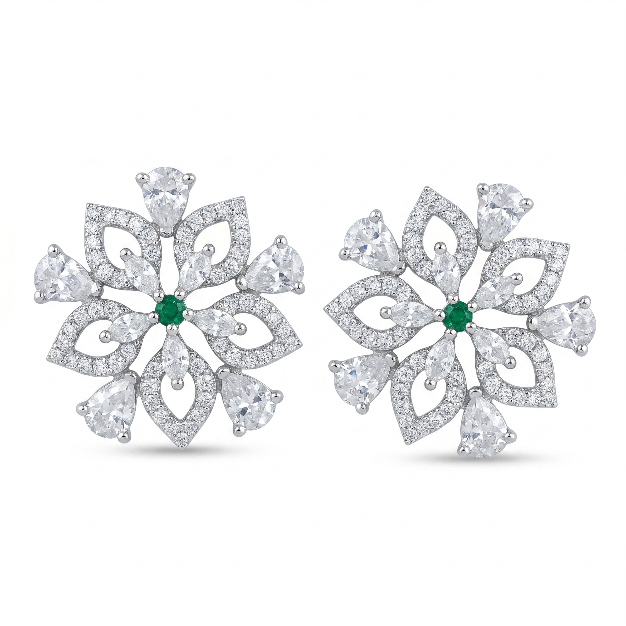Silvme Pure 925 Sterling Silver Snowflake CZ Emerald Green Stud Earrings for Women & Girls