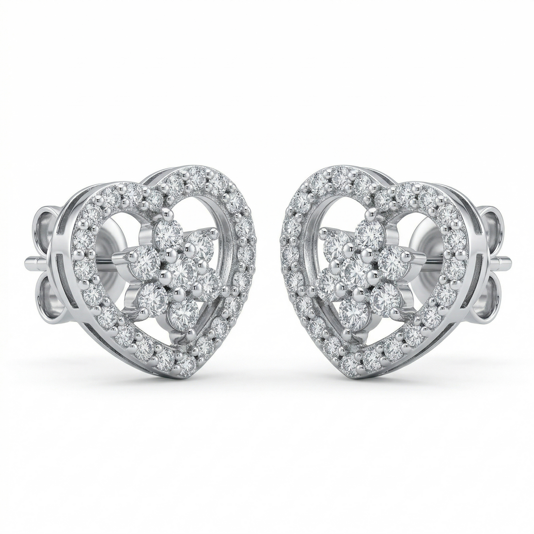 Silvme Heart-Shaped Pavé Flower CZ Stud Earrings with cubic zirconia, crafted in 925 sterling silver for women