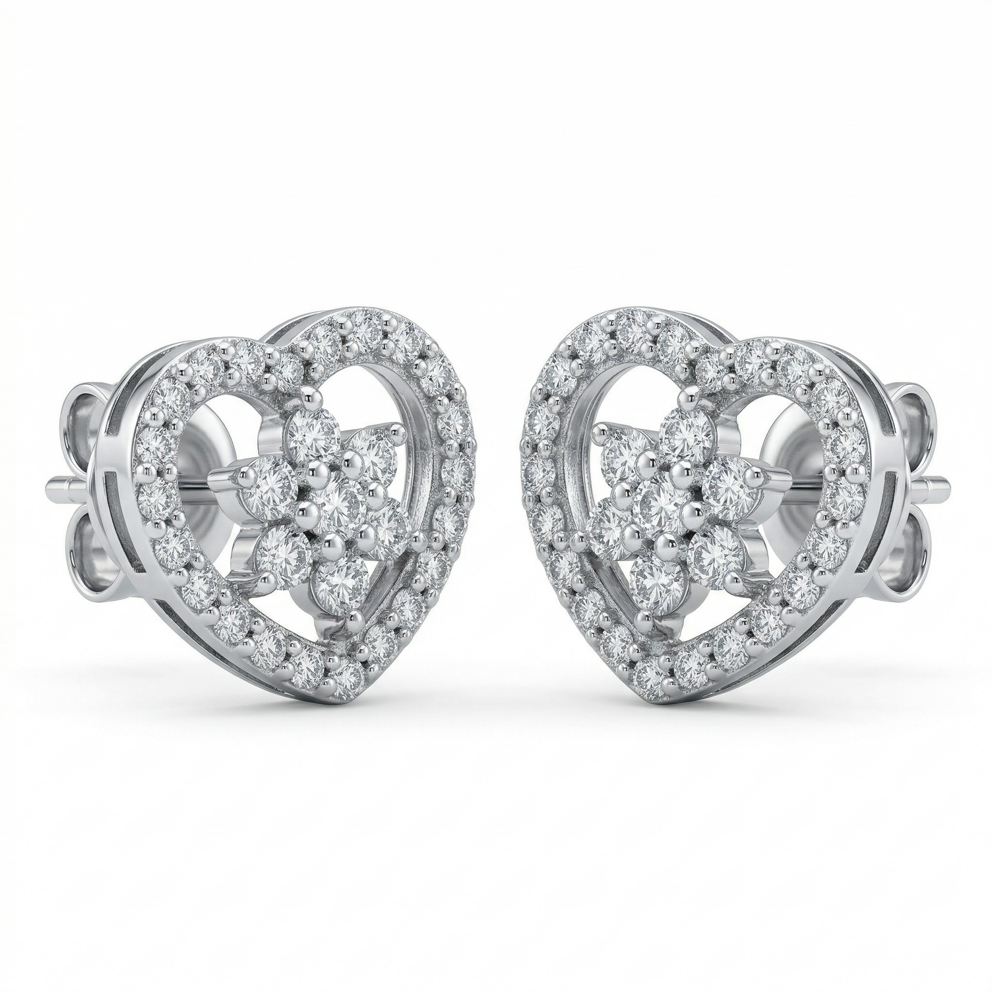 Heart-Shaped PavÃ© Flower Stone-Set Stud Earrings, front product view