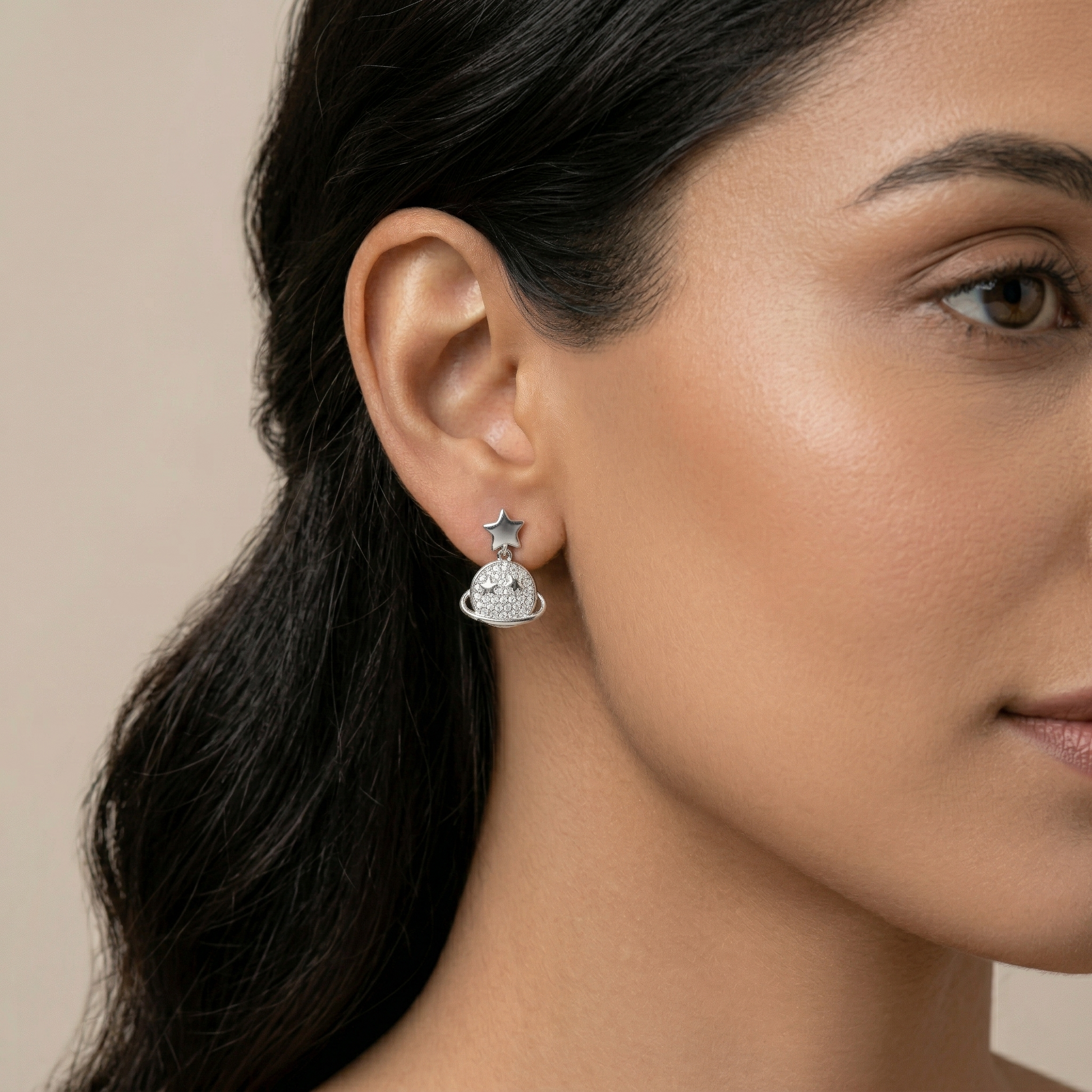 Planet & Star Drop Earrings with Stone-Set, close-up detail, view 5