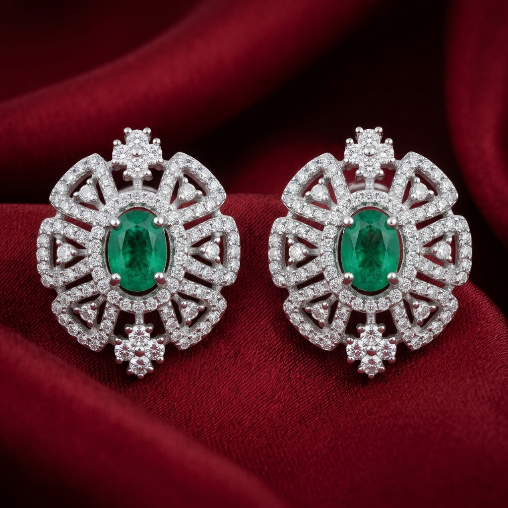 Green Round Stone-Set Stud Earrings, close-up detail