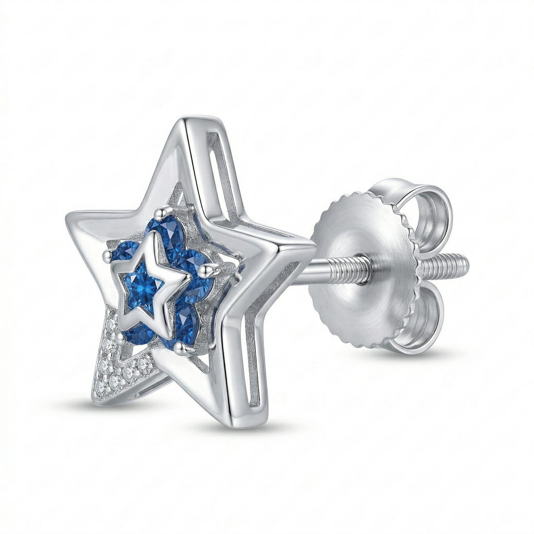 925 Sterling Silver Sapphire Blue Celestial Star Stud Earrings