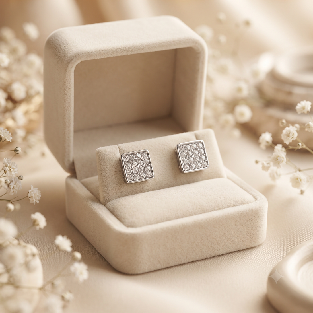 925 Sterling Silver Geometric Square Pavé Cluster Stud Earrings