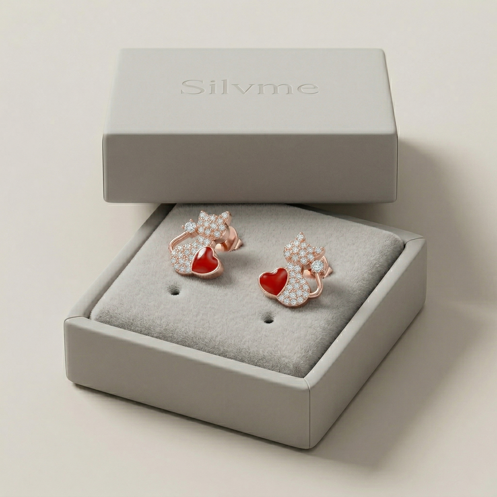 Silvme Pure 925 Silver Cat & Heart Red Enamel CZ Stud Earrings for Women