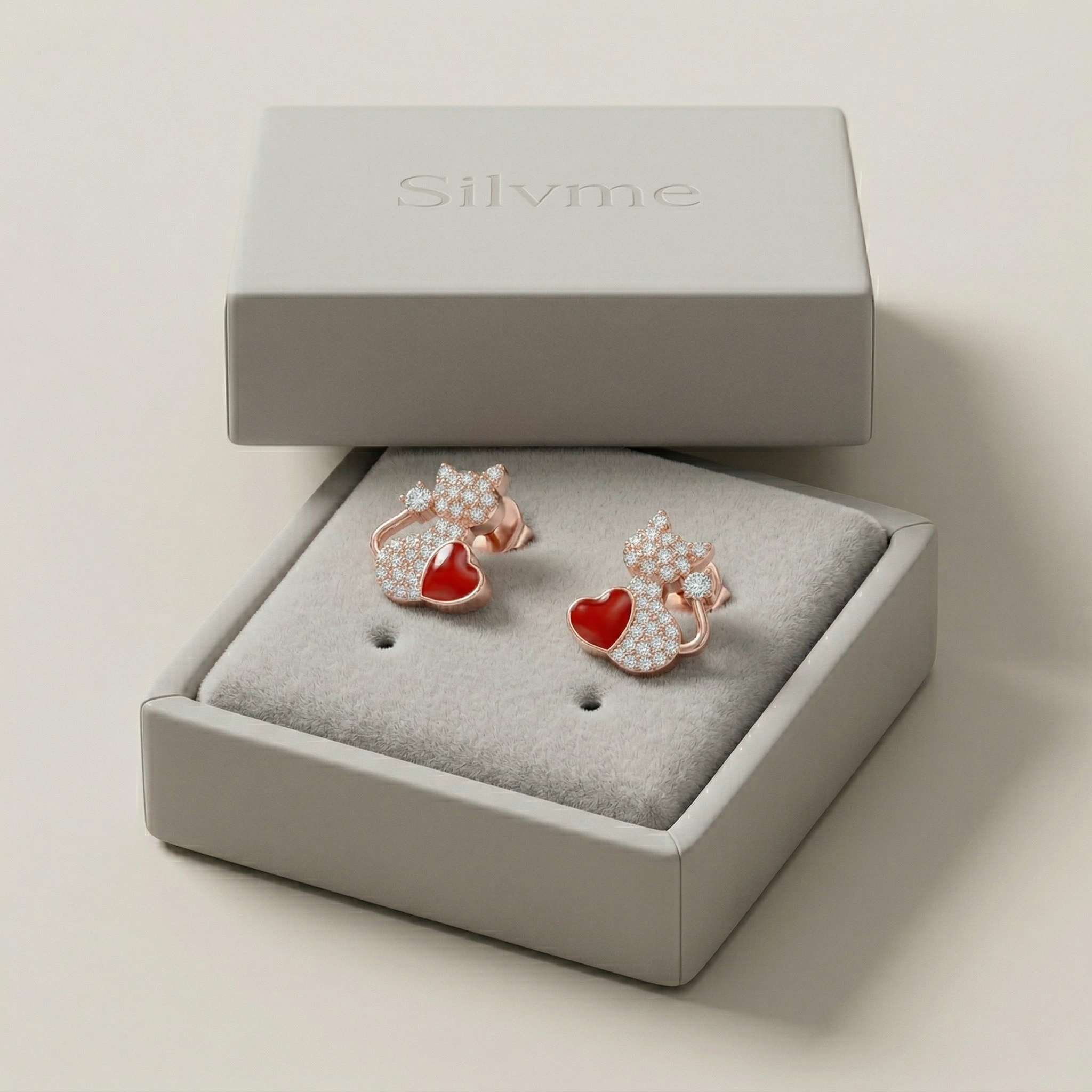 Silvme Pure 925 Silver Cat & Heart Red Enamel CZ Stud Earrings for Women