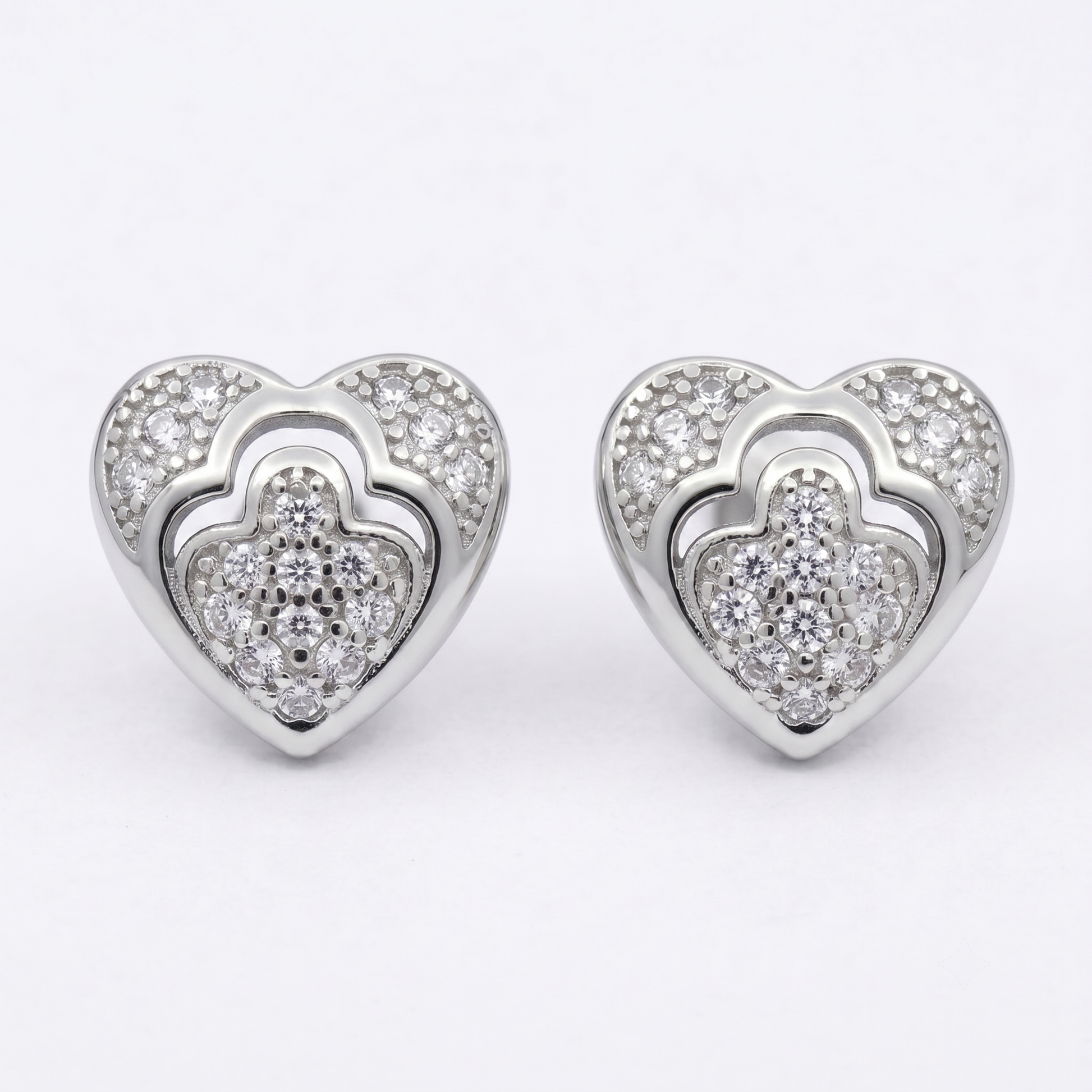 Double-Layered Heart Stone-Set Stud Earrings, front product view