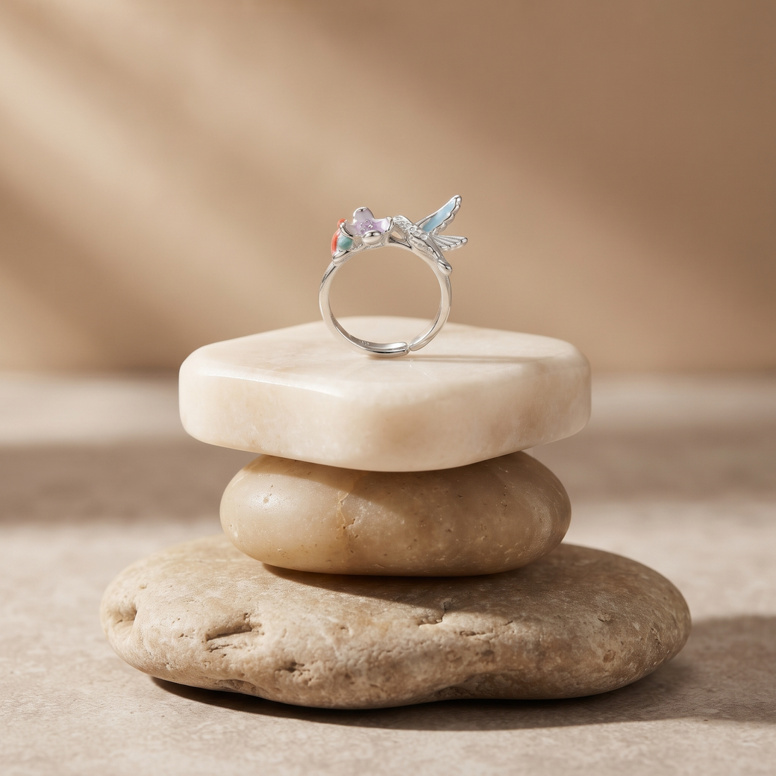 925 Sterling Silver Hummingbird Flower Adjustable Ring