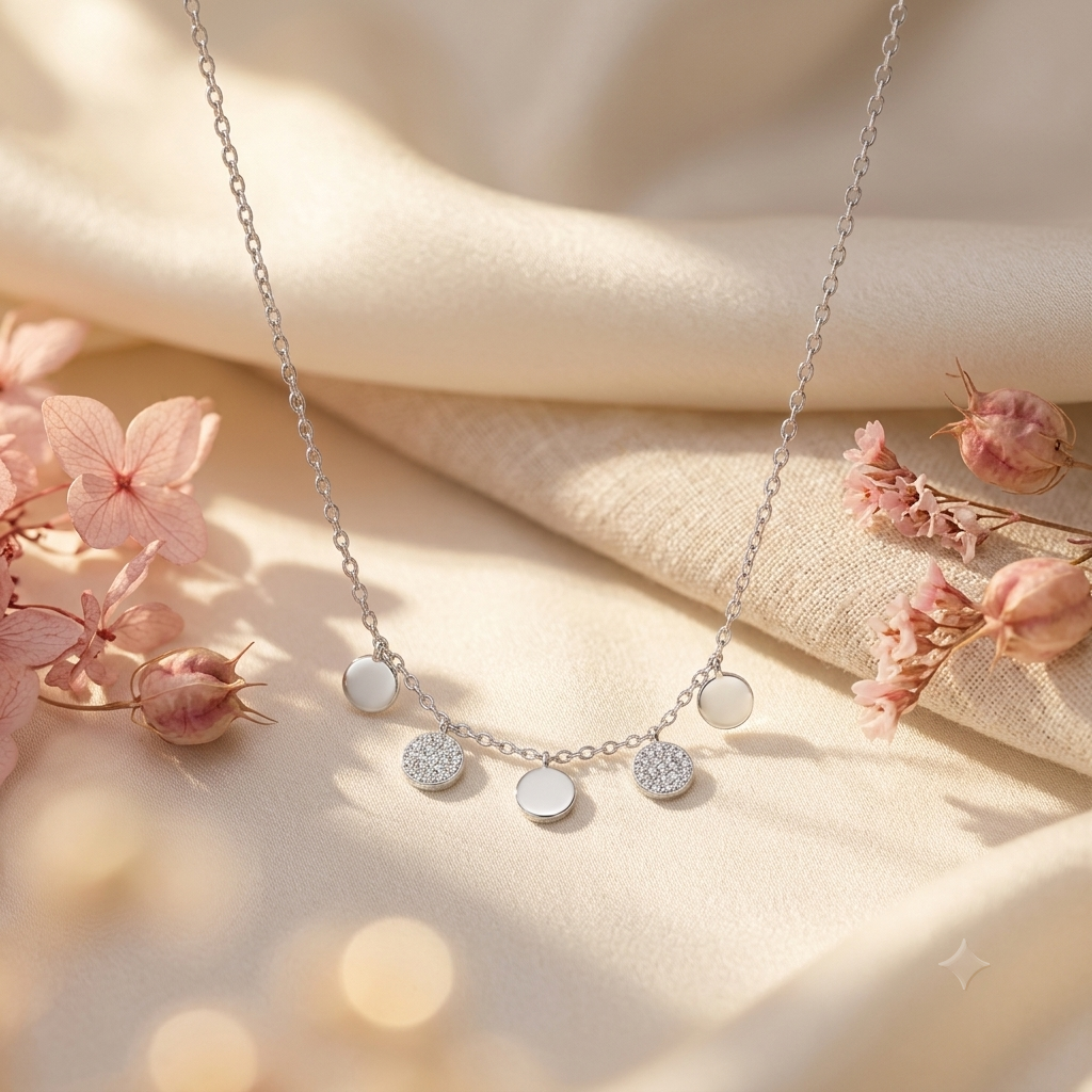 Silvme Multi Disc Pendant Necklace showcasing its multi disc design in 925 sterling silver