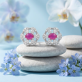Pink Oval-Centre Flower Cluster Stud Earrings, additional product view 3