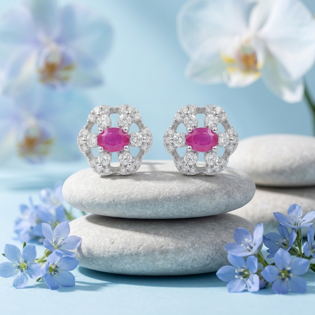 Pink Oval-Centre Flower Cluster Stud Earrings, additional product view 3