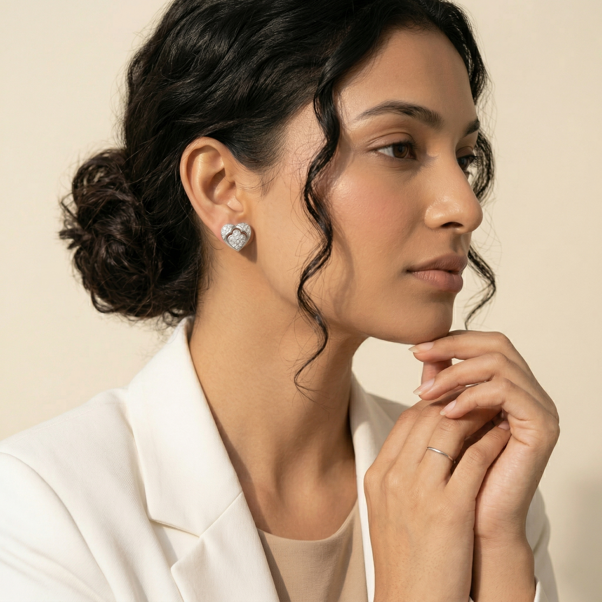 Double-Layered Heart Stone-Set Stud Earrings, additional product view 4