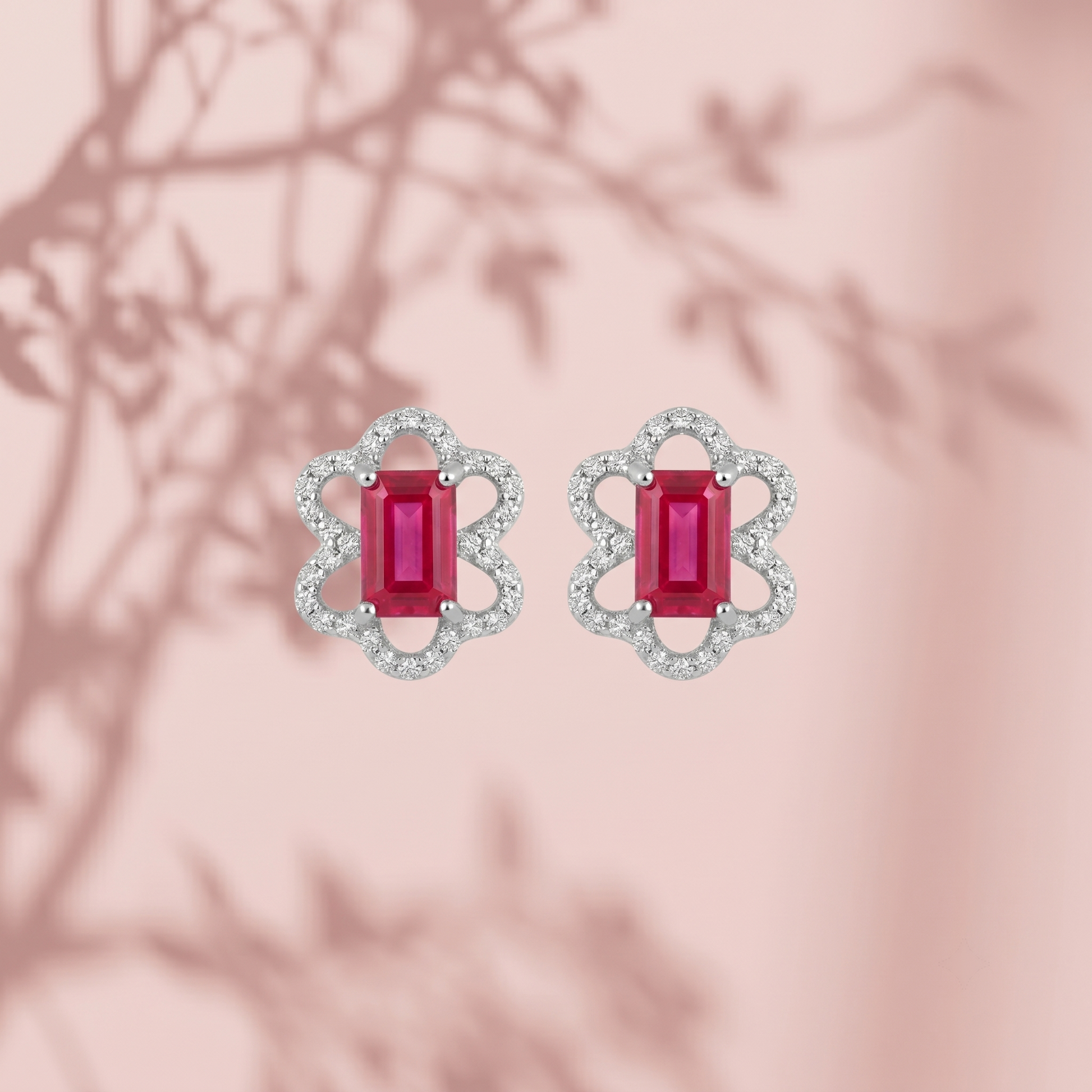 Pink Baguette Floral-Frame Stud Earrings, additional product view 3