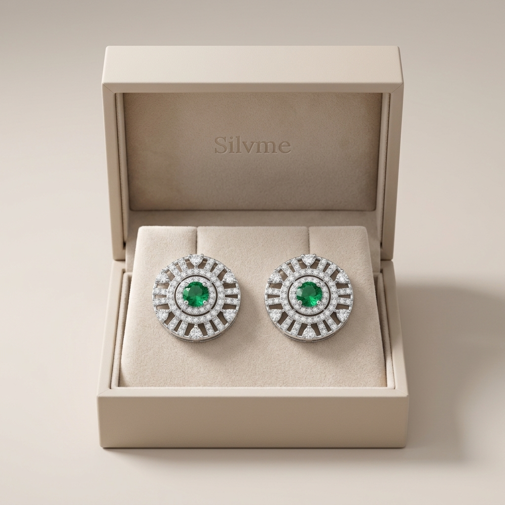 Green Round Halo Stone-Set Stud Earrings, additional product view 3