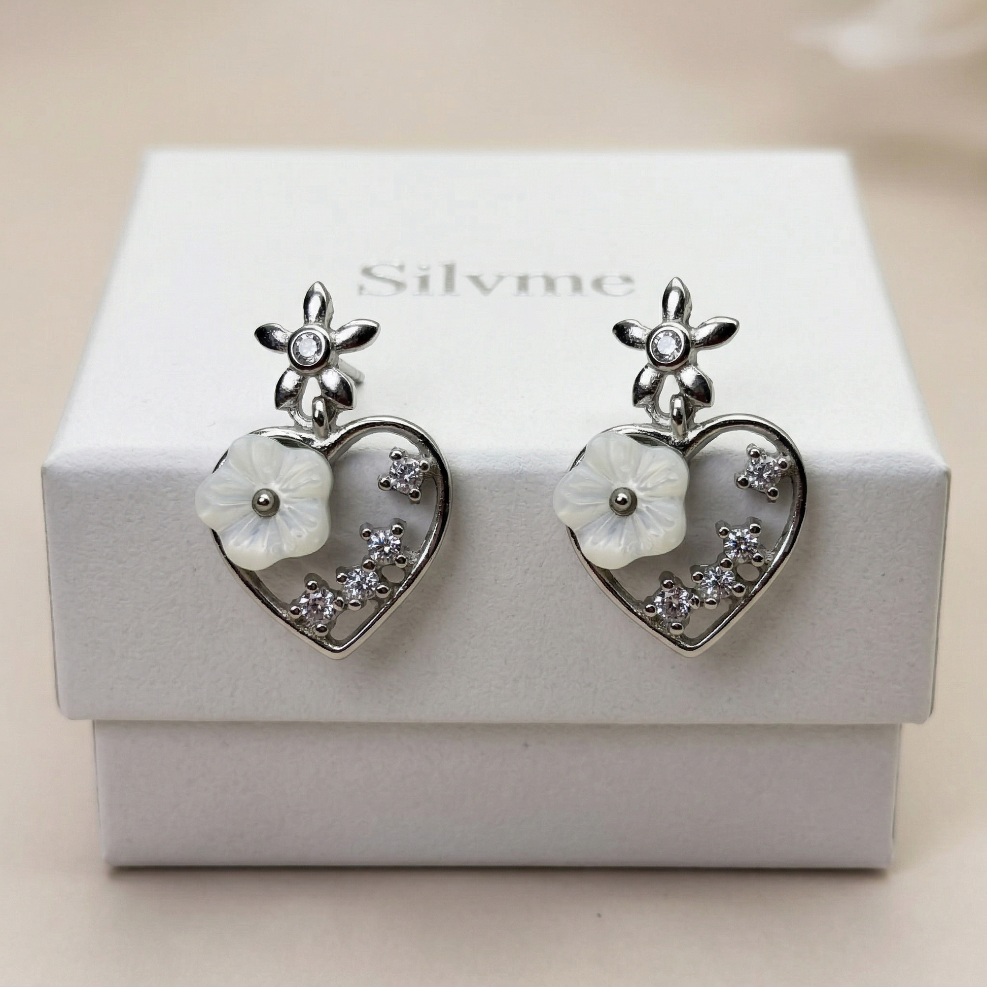 Heart Flower Drop Earrings, close-up detail