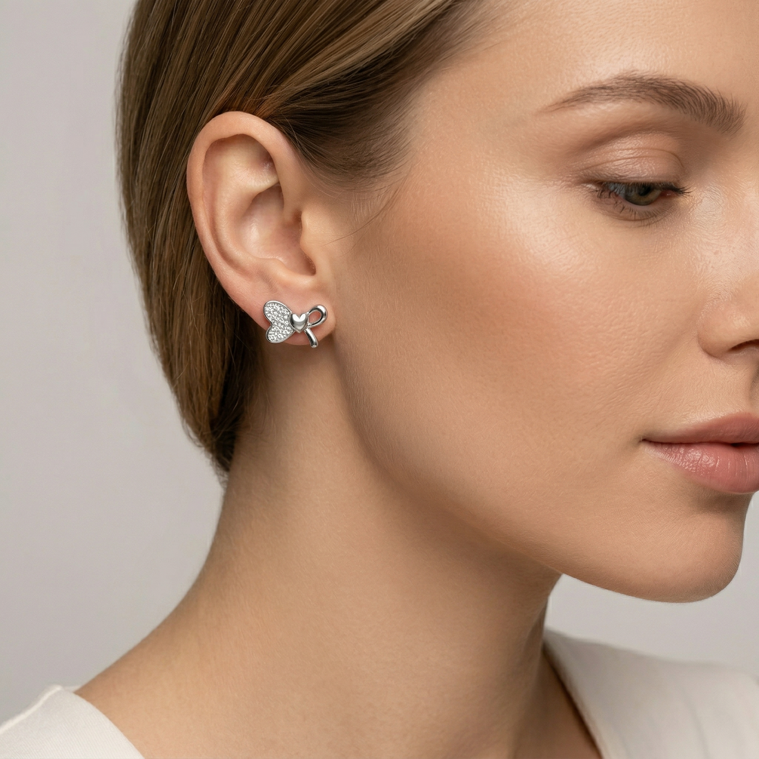 SILVME Bow Heart Stone-Set Stud Earrings