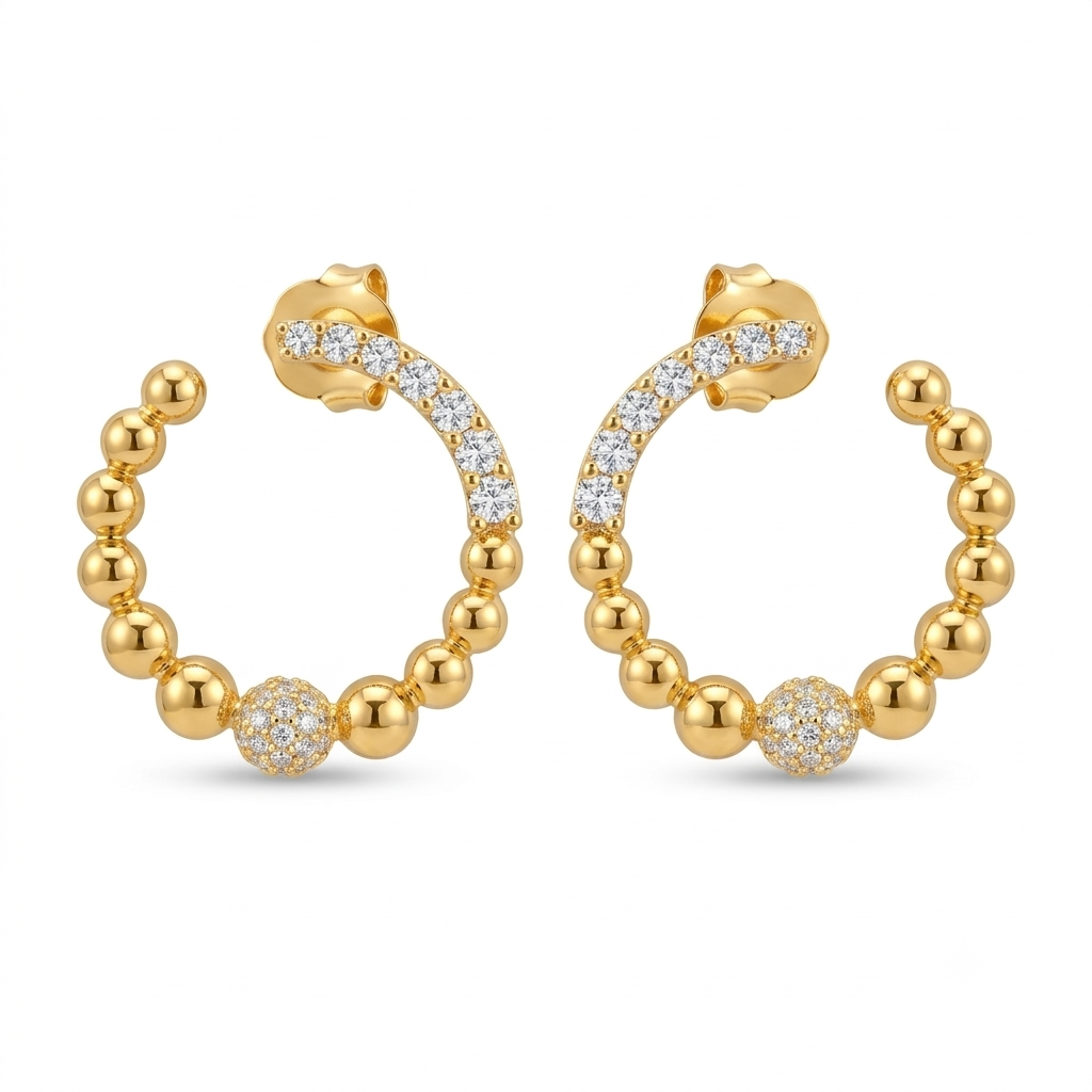 Gold-Tone Beaded Hoop Stone-Set Ball Earrings, front product view