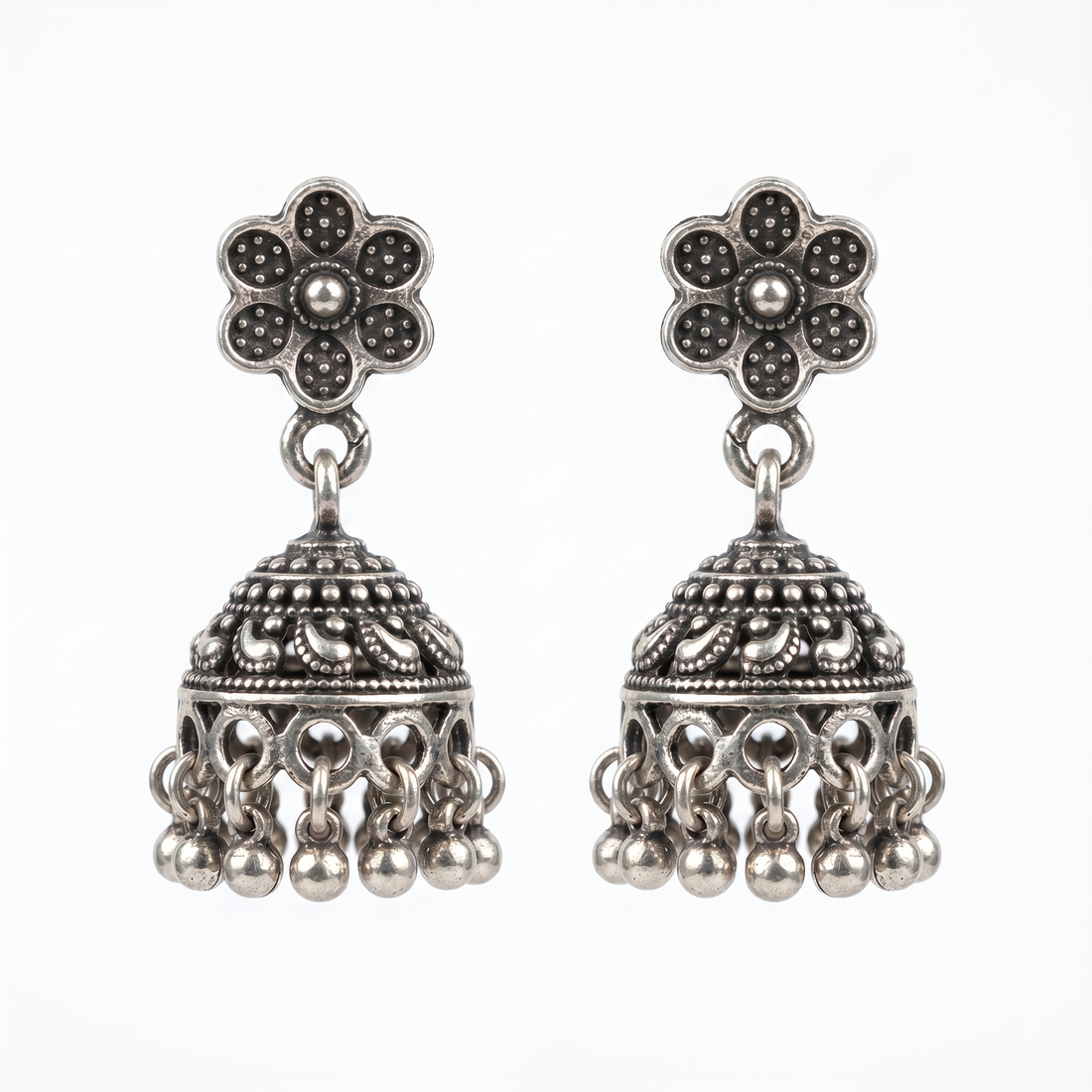 925 sterling silver Oxidised Floral Jhumka Silver Earrings by Silvme, an elegant accessory for her