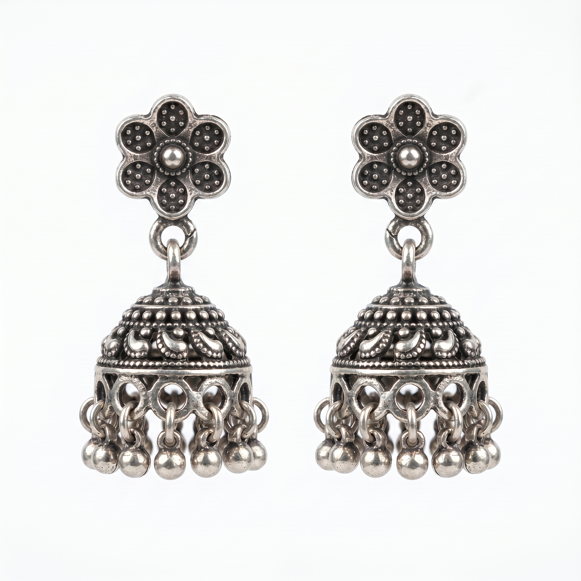 Oxidised Floral Jhumka Earrings, front product view