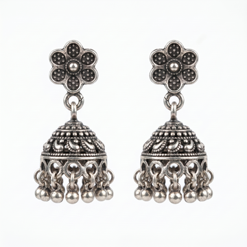 Oxidised Floral Jhumka Earrings, front product view