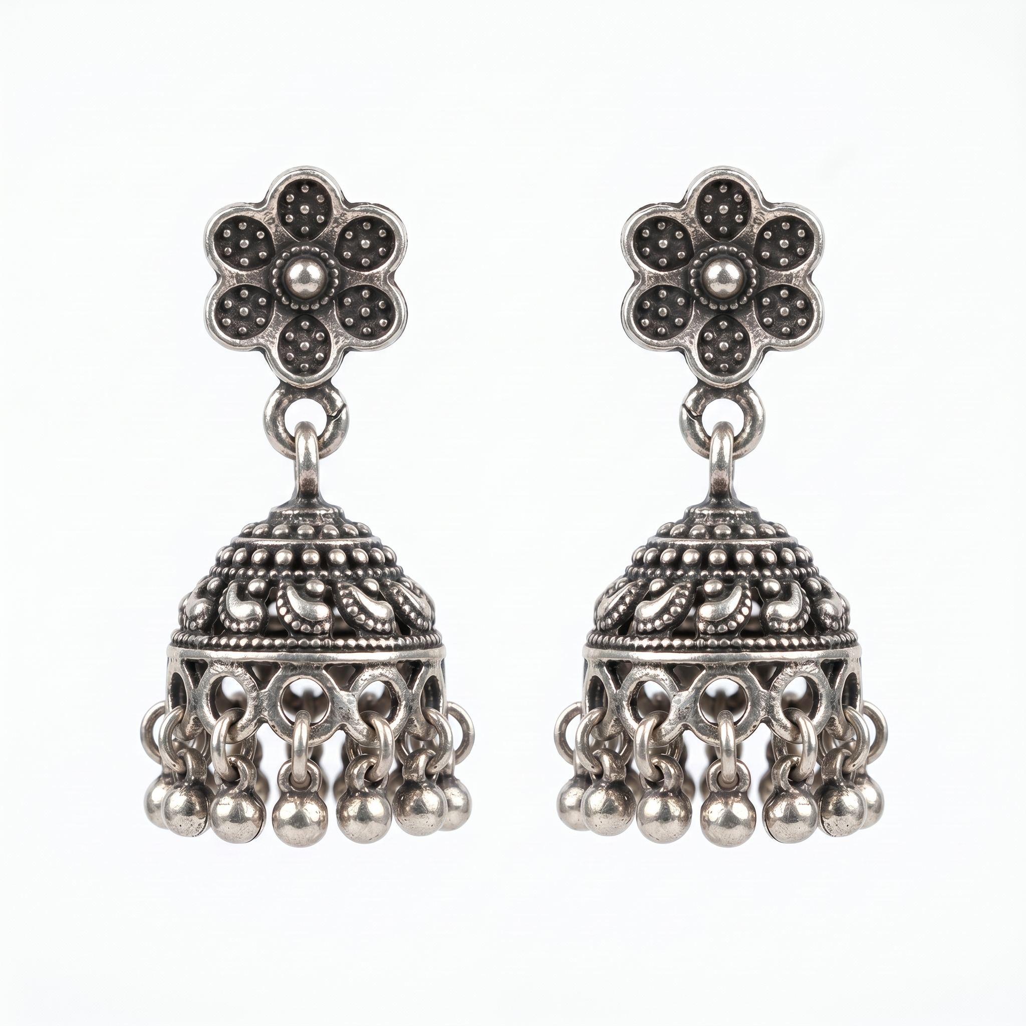 Silvme Pure 925 Sterling Silver Oxidised Floral Jhumka Silver Earrings for Women & Girls