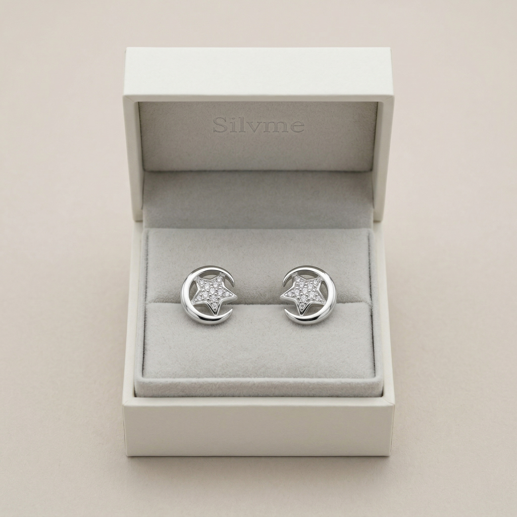 Silvme Pure 925 Silver Star & Crescent Moon Pavé CZ Stud Earrings for Women