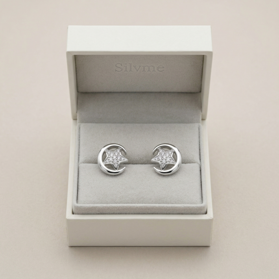 Silvme Star & Crescent Moon Pavé CZ Stud Earrings set with cubic zirconia, crafted in 925 sterling silver for women