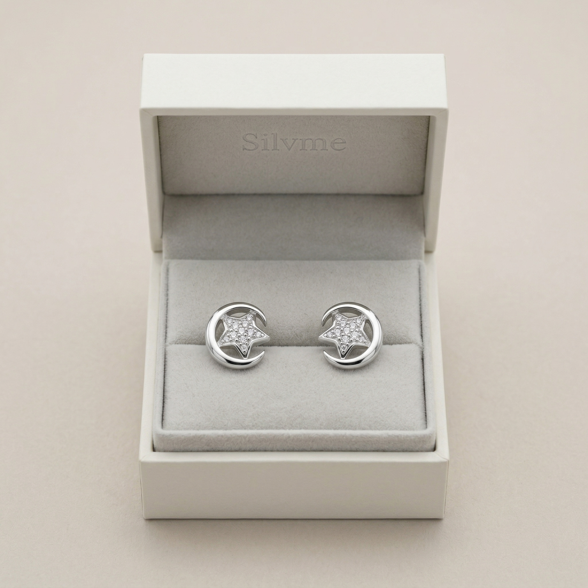 Silvme Pure 925 Silver Star & Crescent Moon Pavé CZ Stud Earrings for Women
