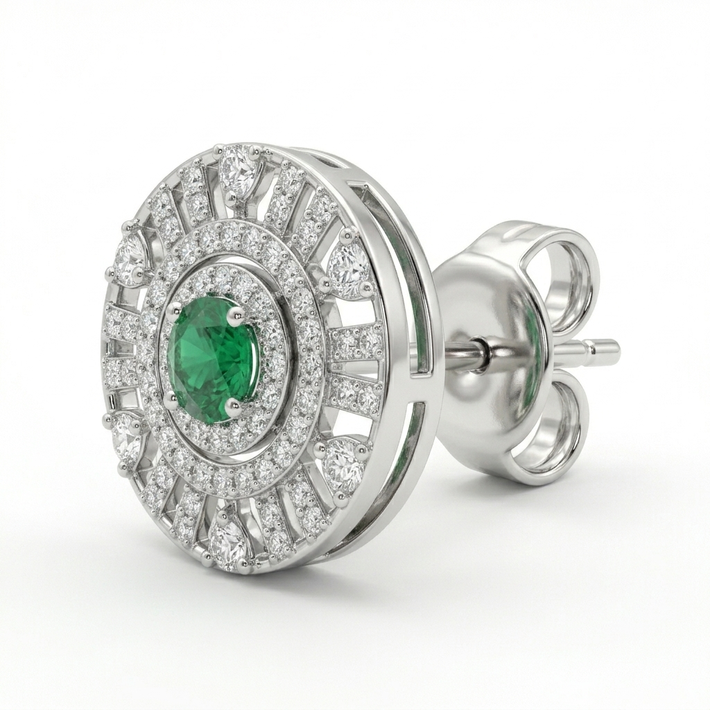 Green Round Halo Stone-Set Stud Earrings, close-up detail