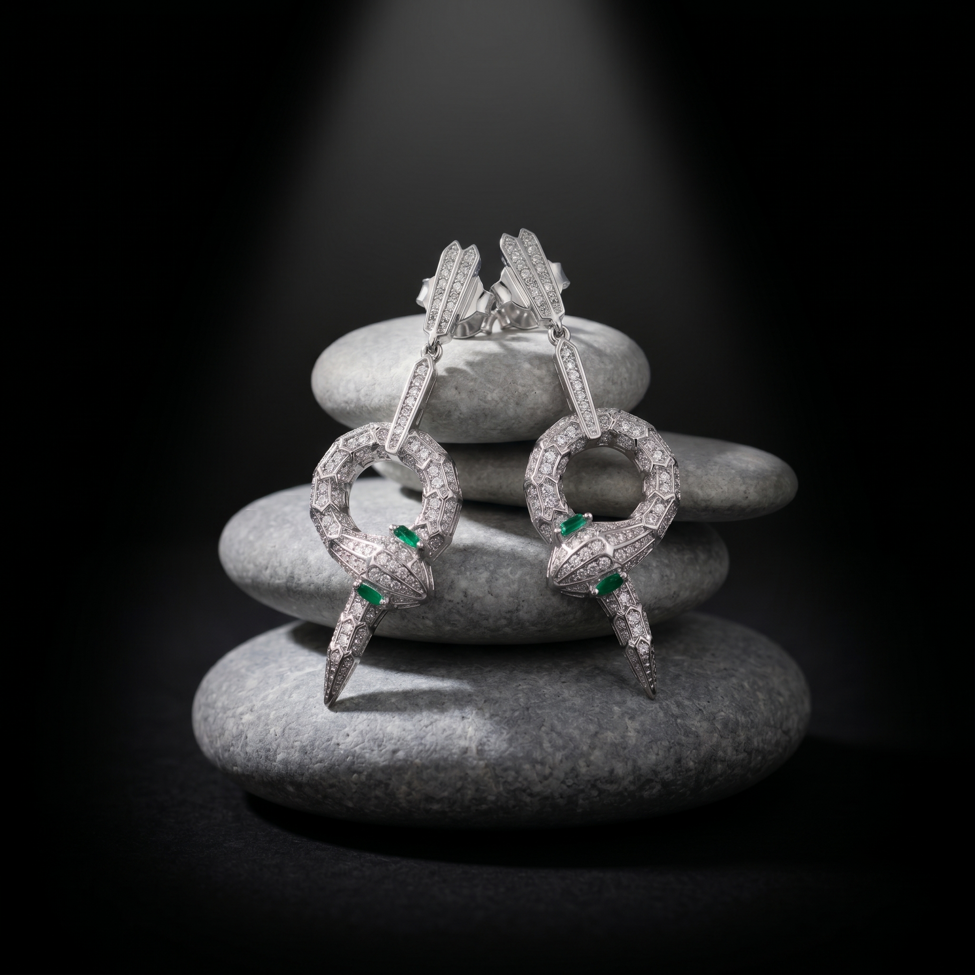Serpent Snake Statement Stone-Set Drop Earrings, close-up detail
