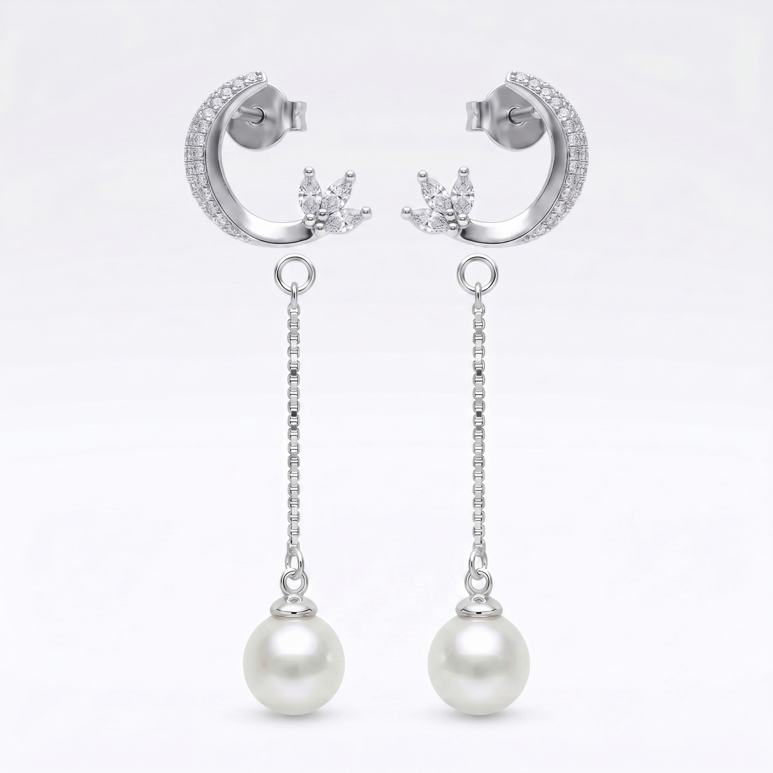 Silvme Crescent Moon CZ Pearl Drop Earrings in 925 sterling silver accented with sparkling cubic zirconia, jewellery for women