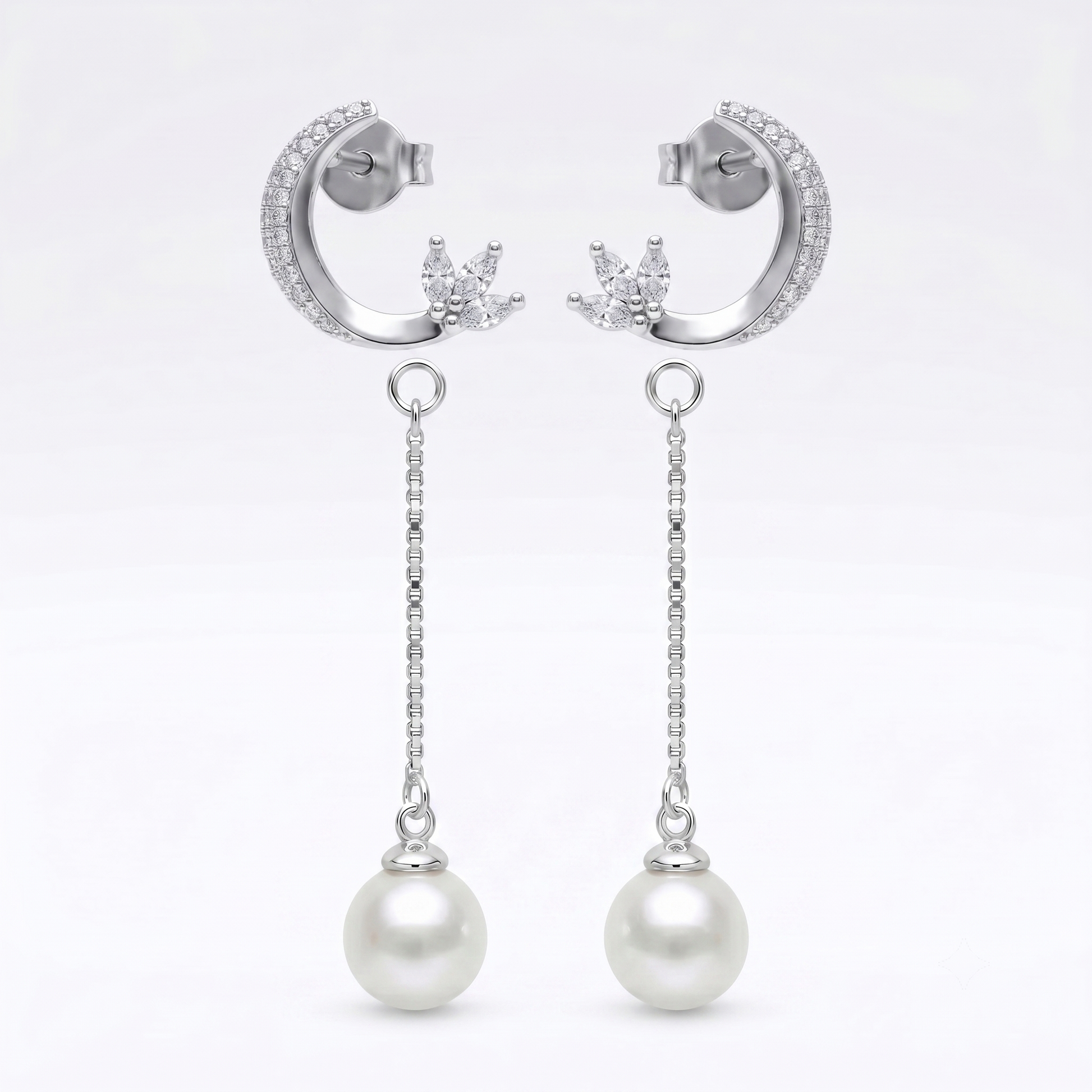 Crescent Moon Stone-Set Pearl-Look Accent Drop Earrings, close-up detail