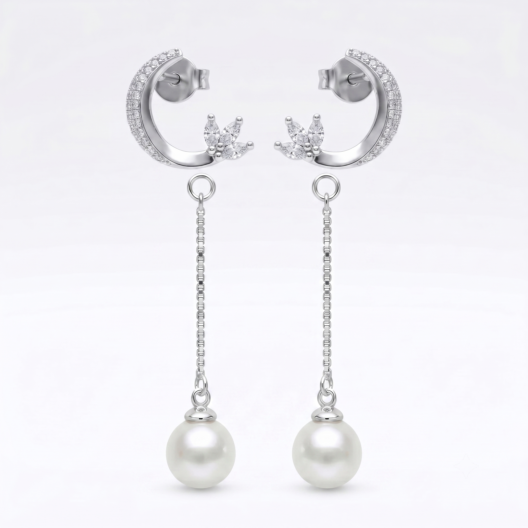 Silvme Pure 925 Sterling Silver Crescent Moon CZ Pearl Drop Earrings for Women & Girls