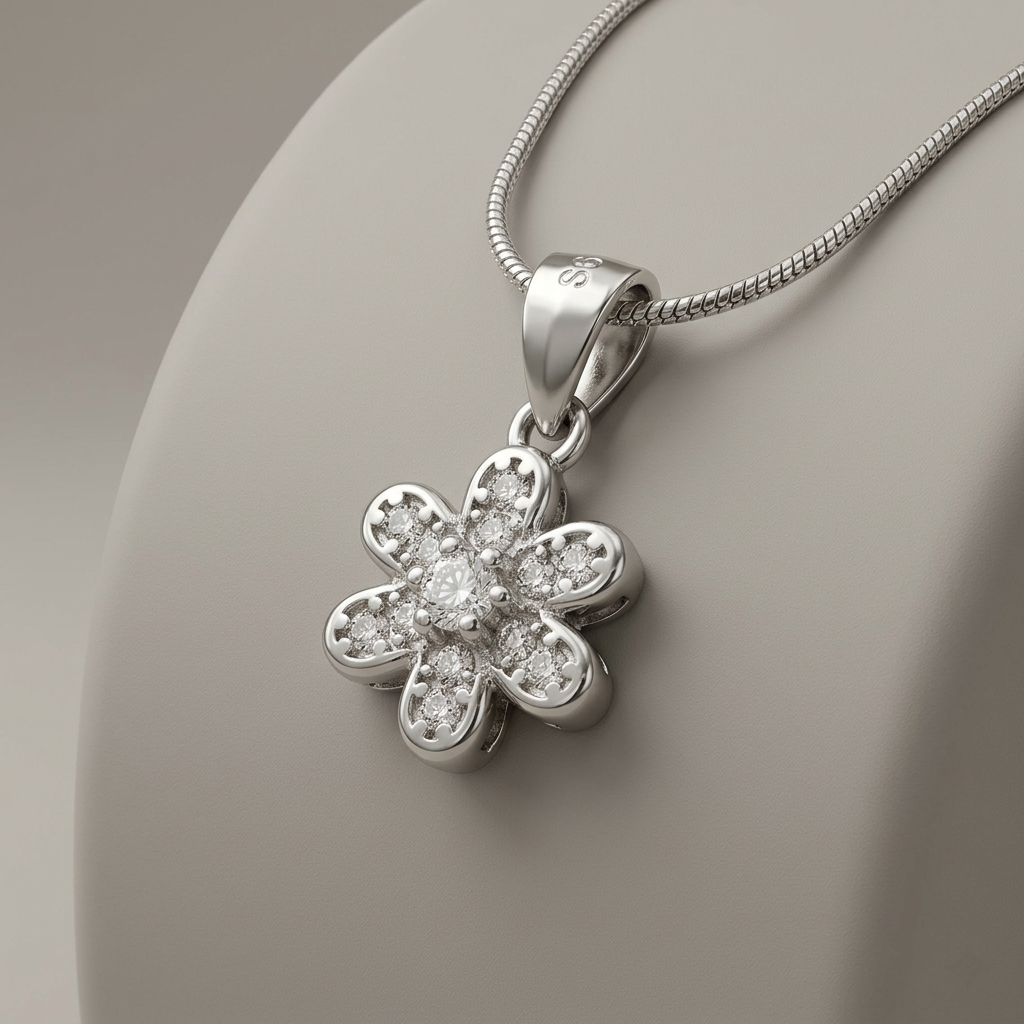 925 sterling silver 925 purity on the Silvme Bloom Pendant in 925 silver, refined silver accessory, minimal modern styling