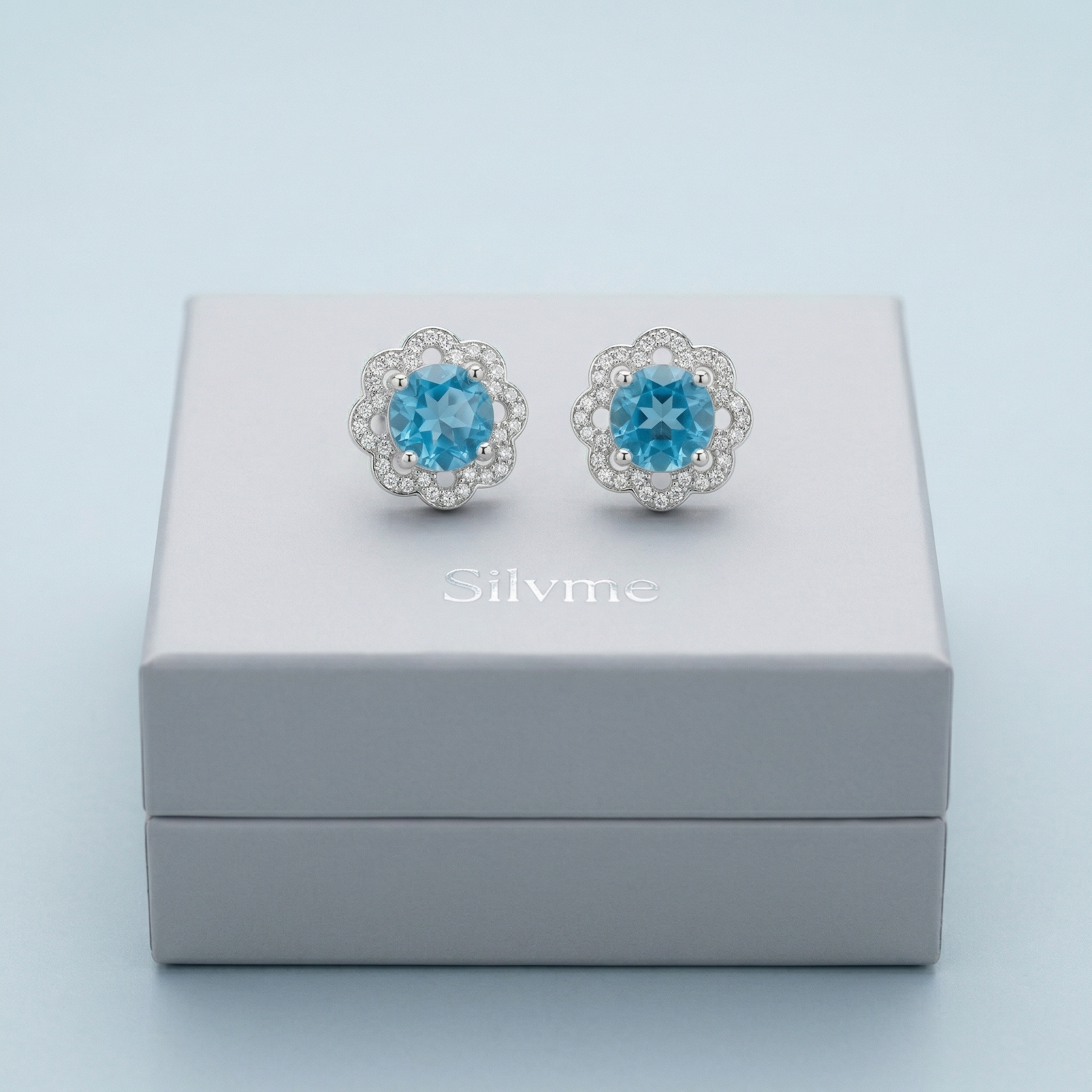 Silvme Pure 925 Sterling Silver Blue Stone Floral Halo Stud Earrings
