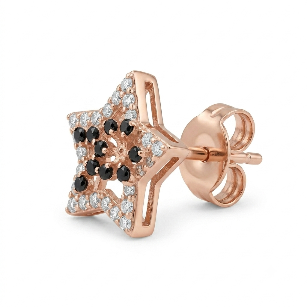 Rose-Gold-Tone Star Stud Earrings with Dark Accents, close-up detail