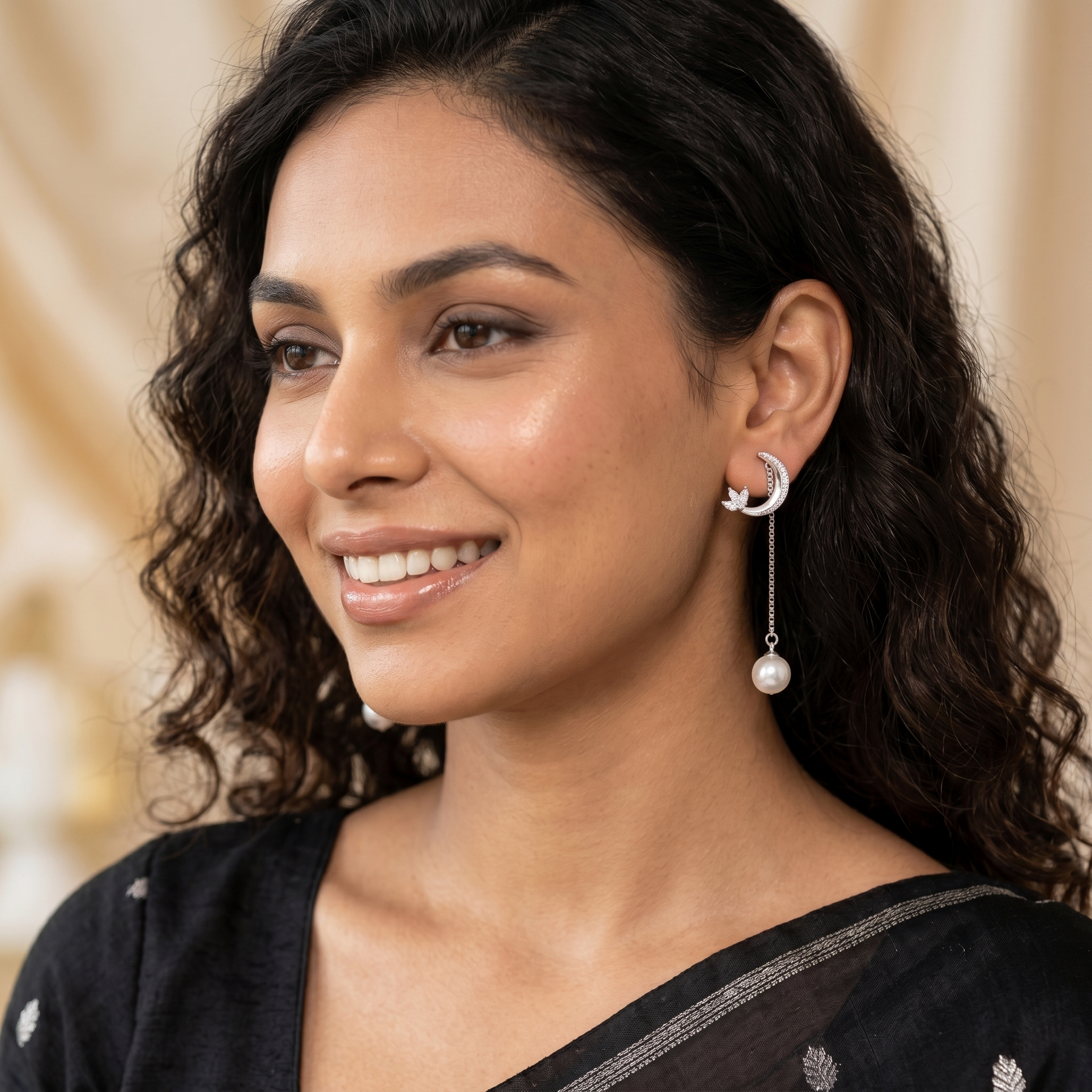 Crescent Moon Stone-Set Pearl-Look Accent Drop Earrings, additional product view 3