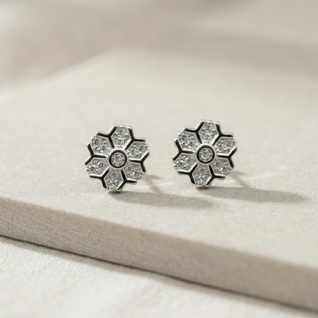 Silvme Pure 925 Sterling Silver Snowflake Floral Pavé CZ Stud Earrings
