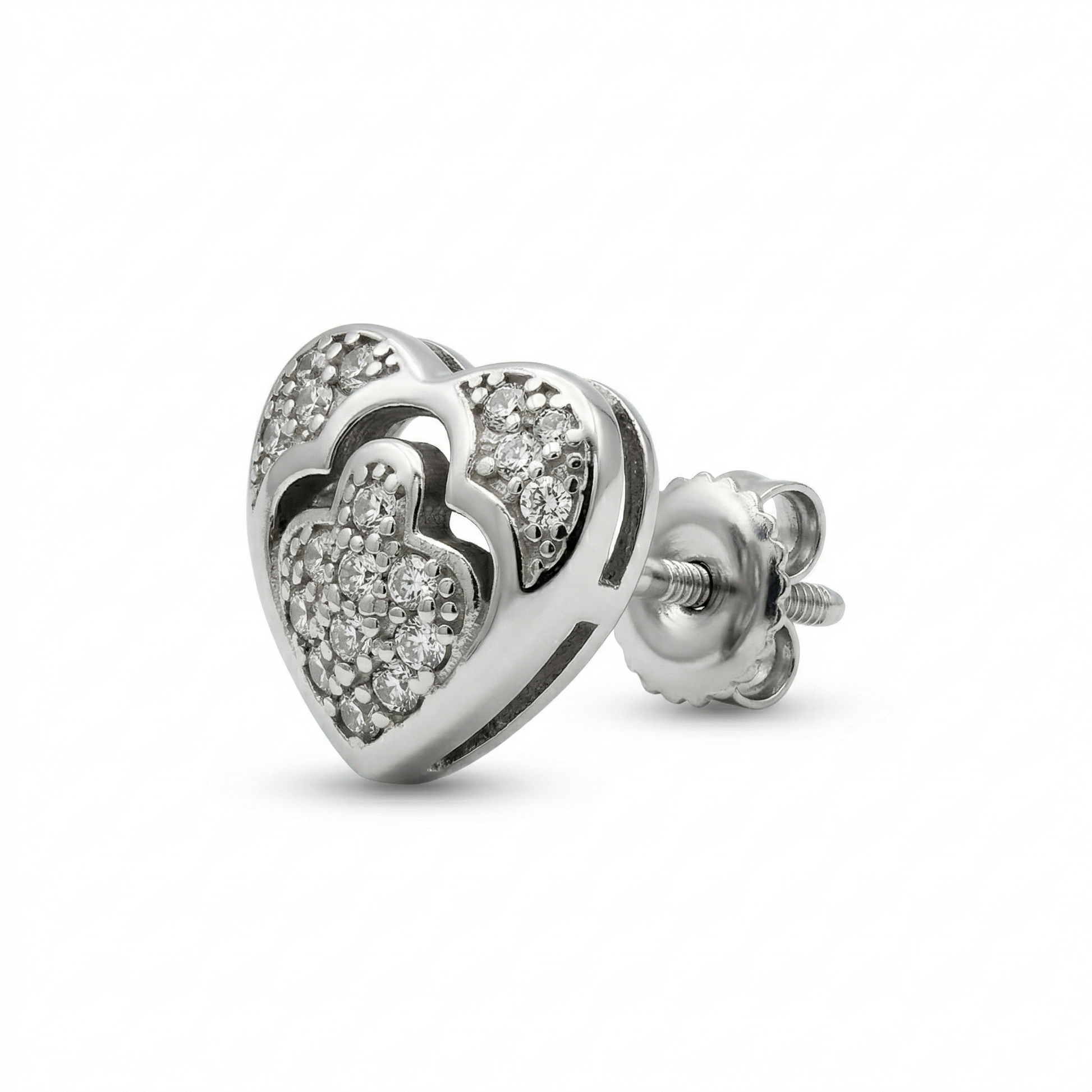 Double-Layered Heart Stone-Set Stud Earrings, close-up detail
