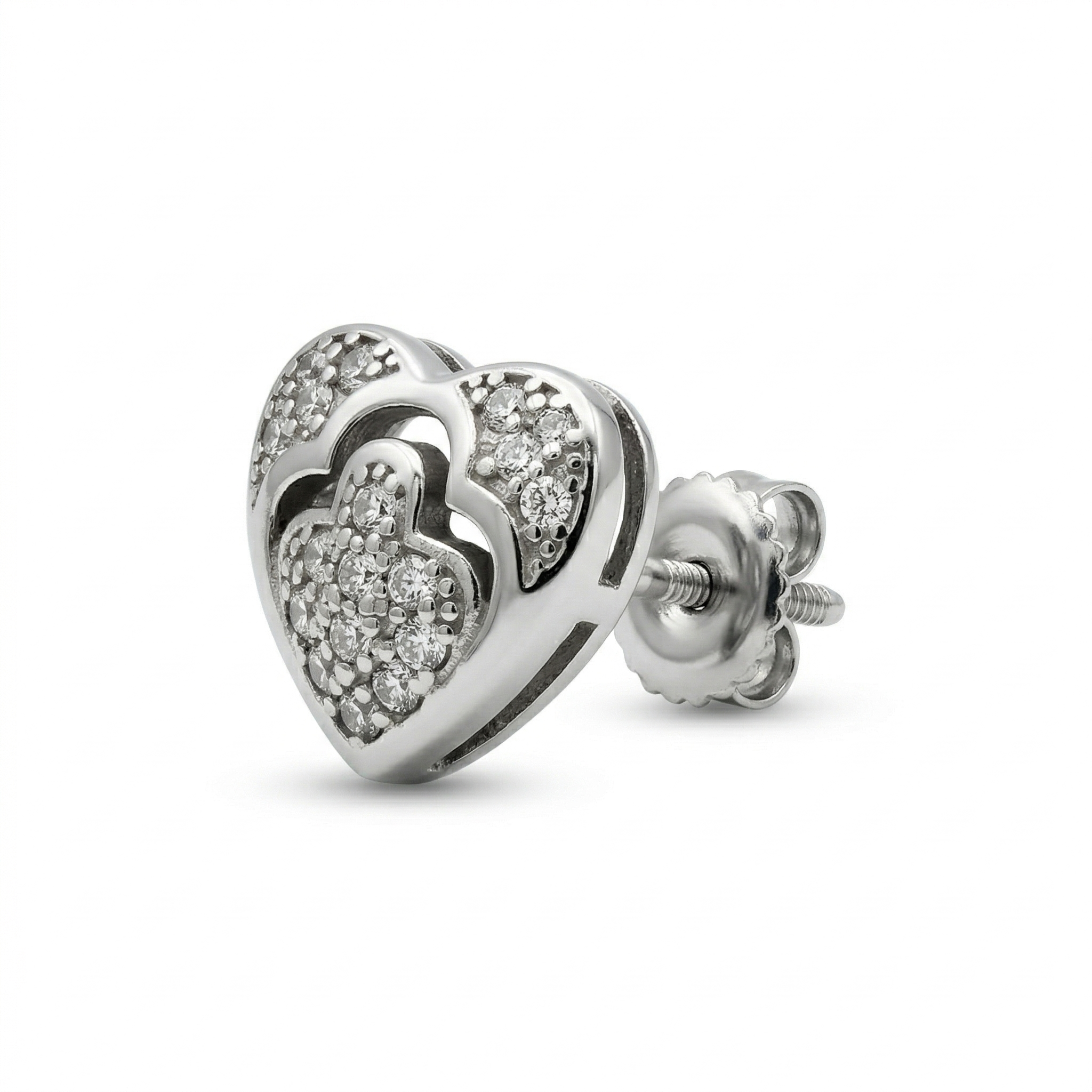 Silvme Pure 925 Sterling Silver Double-Layered Heart CZ Stud Earrings for Women