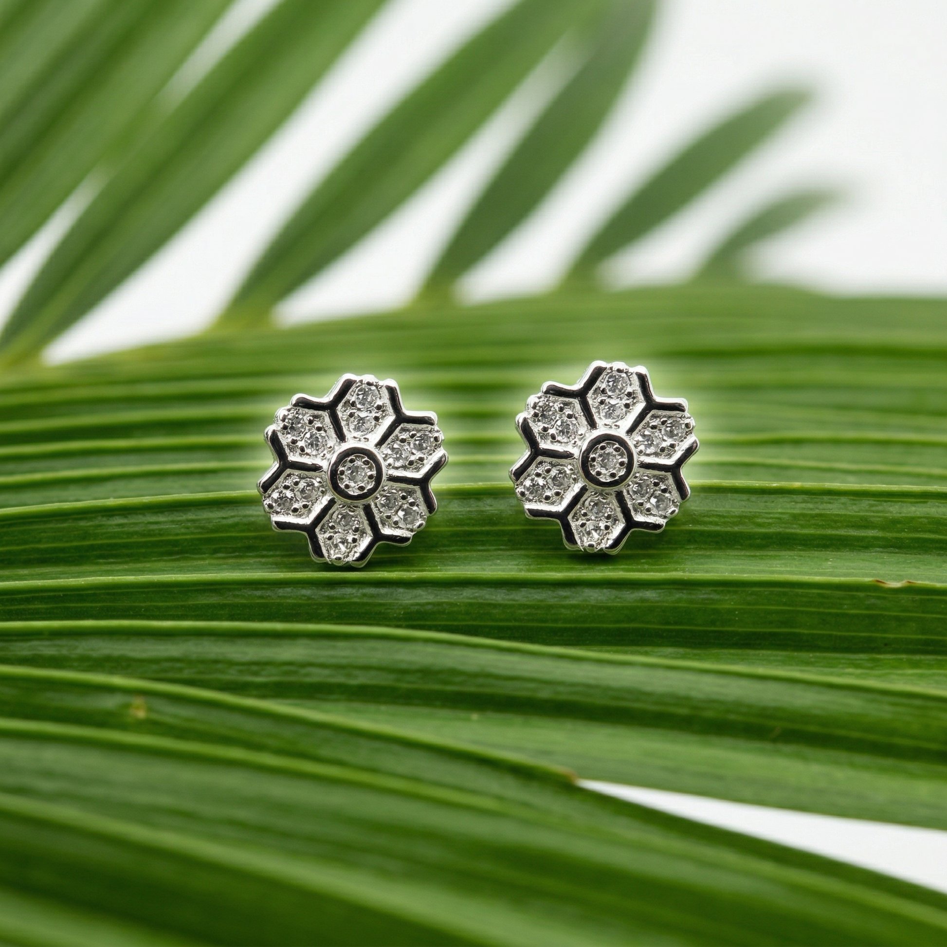 Snowflake Floral PavÃ© Stone-Set Stud Earrings, close-up detail, view 5