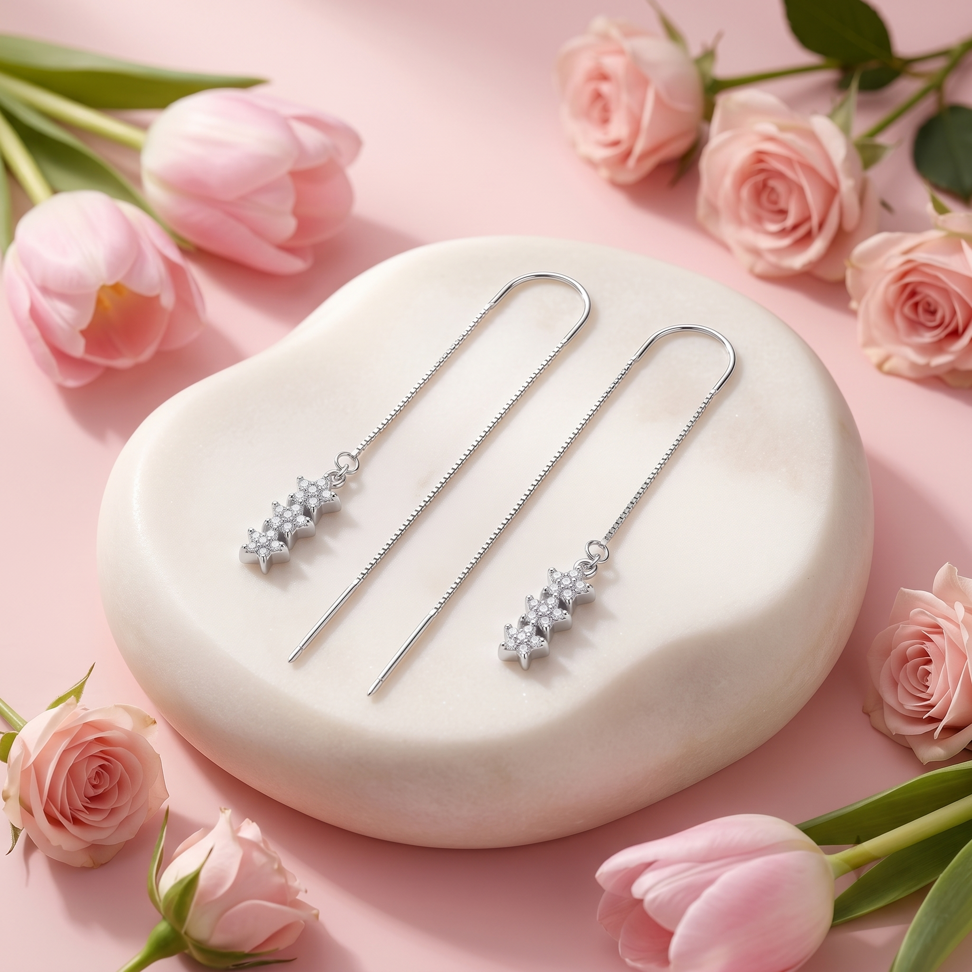 Stone-Set Floral Snowflake Charm Threader Earrings, alternate angle