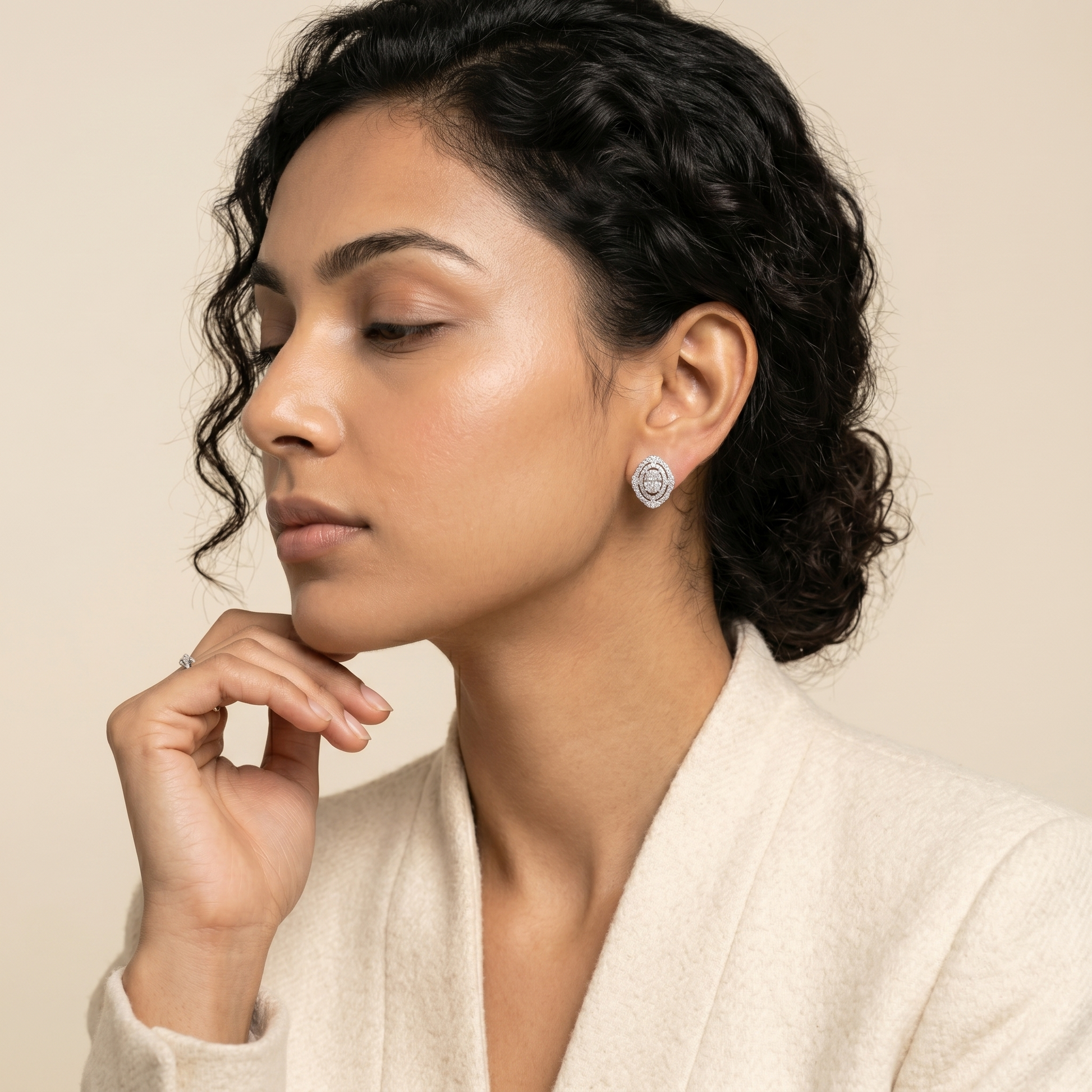 Double Halo Oval Stone-Set Solitaire Stud Earrings, close-up detail
