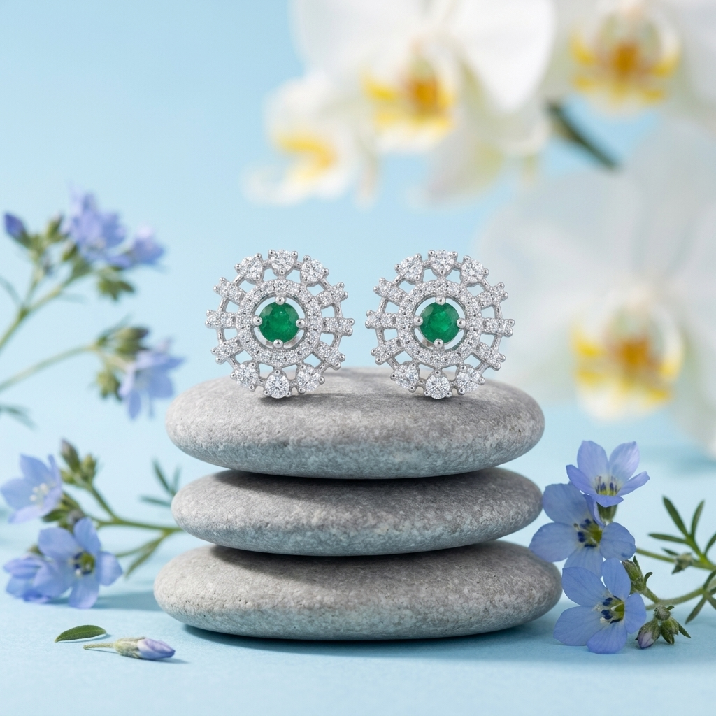 Green Round Sunburst Stud Earrings, additional product view 8