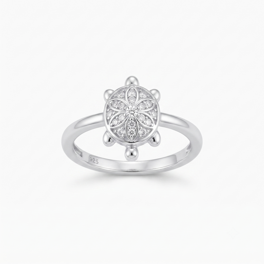 Silvme mini turtle 925 sterling silver ring for women with mini petal-motif shell dotted with stones